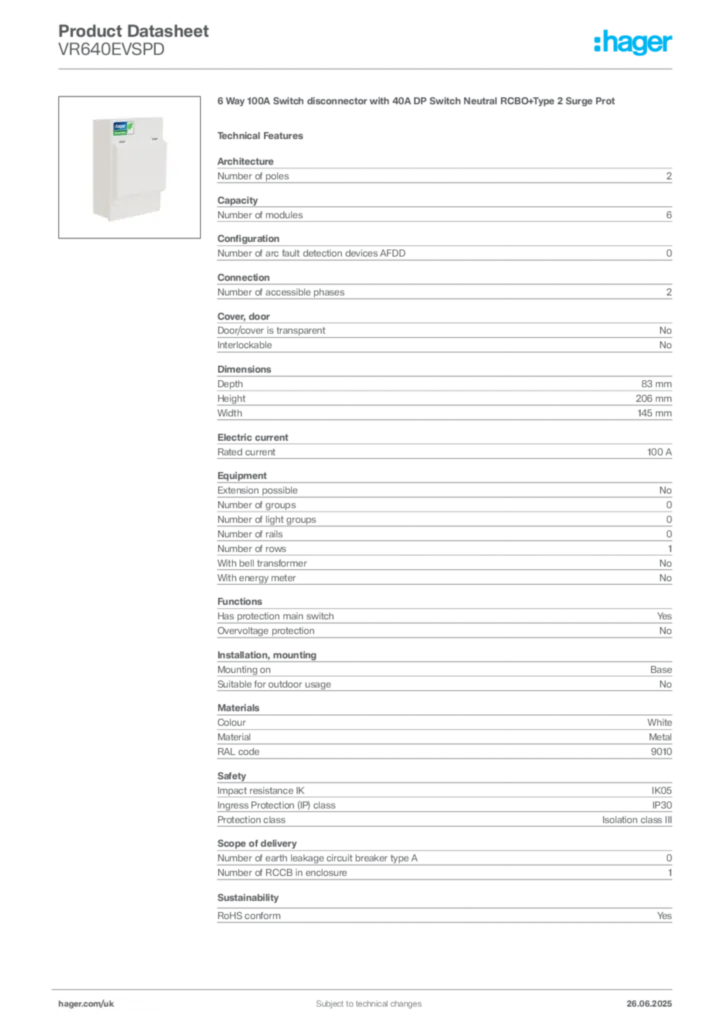 Image Hager Product data sheet VR640EVSPD  | Hager