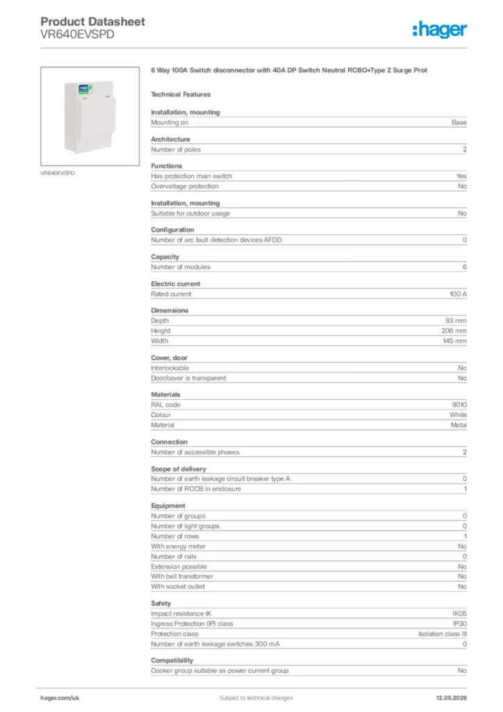 Image Hager Product data sheet VR640EVSPD  | Hager