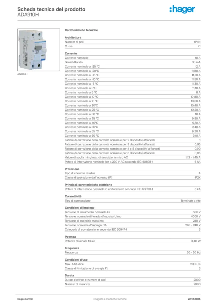 Immagine Hager Scheda tecnica del prodotto ADA910H | Hager Italia