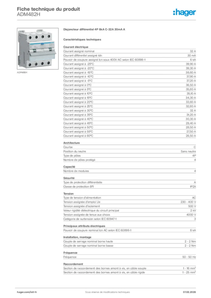 Image Hager Fiche technique du produit ADM482H | Hager Afrique