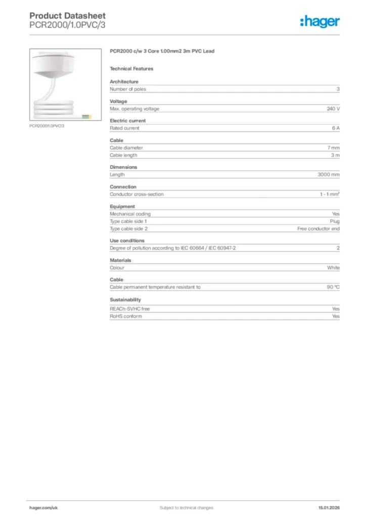 Image Hager Product data sheet PCR2000/1.0PVC/3  | Hager