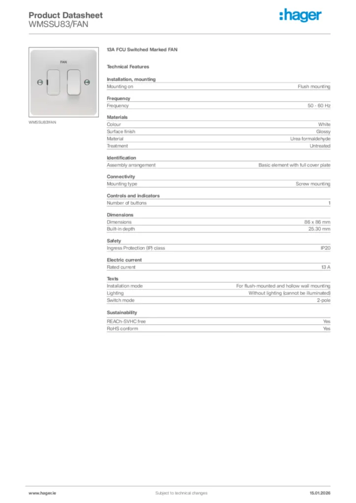 Image Hager Product data sheet WMSSU83/FAN  | Hager