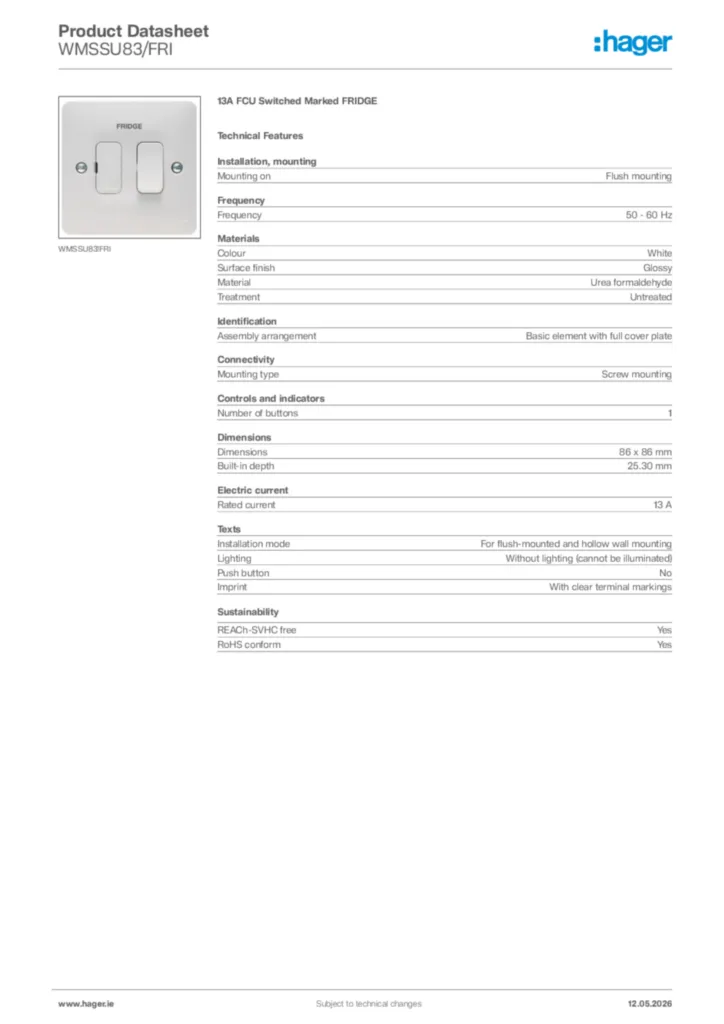 Image Hager Product data sheet WMSSU83/FRI  | Hager