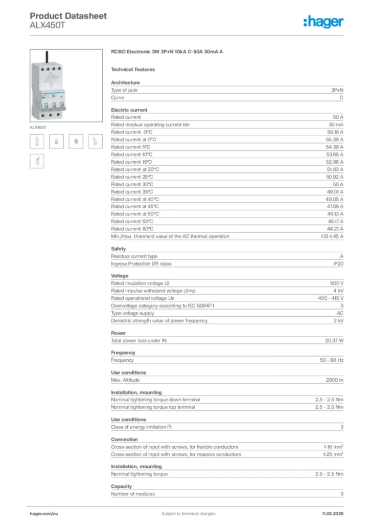 Image Hager Product data sheet ALX450T  | Hager Australia