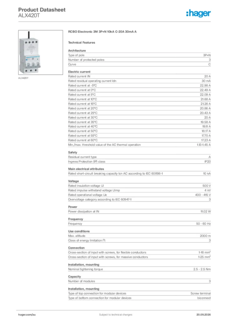 Image Hager Product data sheet ALX420T  | Hager Australia