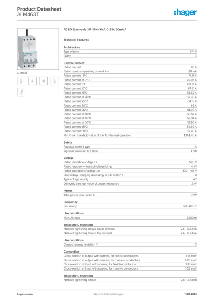 Image Hager Product data sheet ALM463T  | Hager Australia