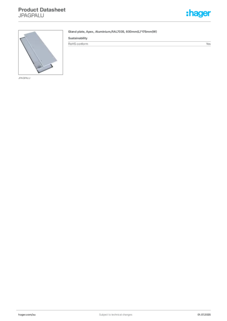 Image Hager Product data sheet JPAGPALU  | Hager Australia