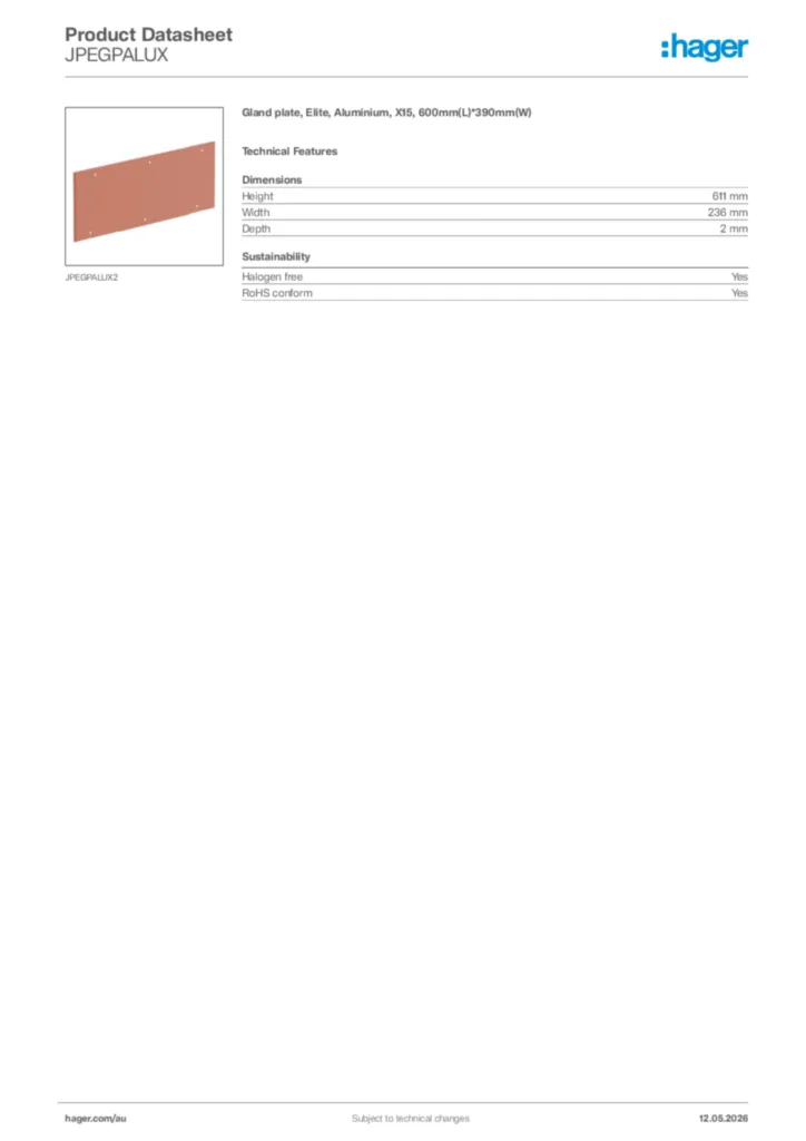 Image Hager Product data sheet JPEGPALUX  | Hager Australia