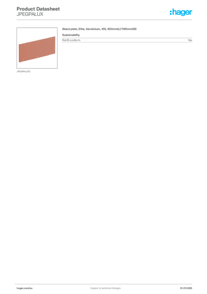 Image Hager Product data sheet JPEGPALUX  | Hager Australia