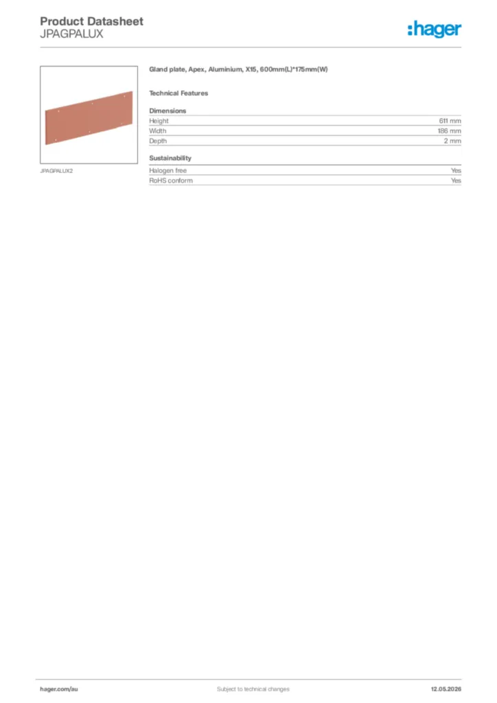 Image Hager Product data sheet JPAGPALUX  | Hager Australia