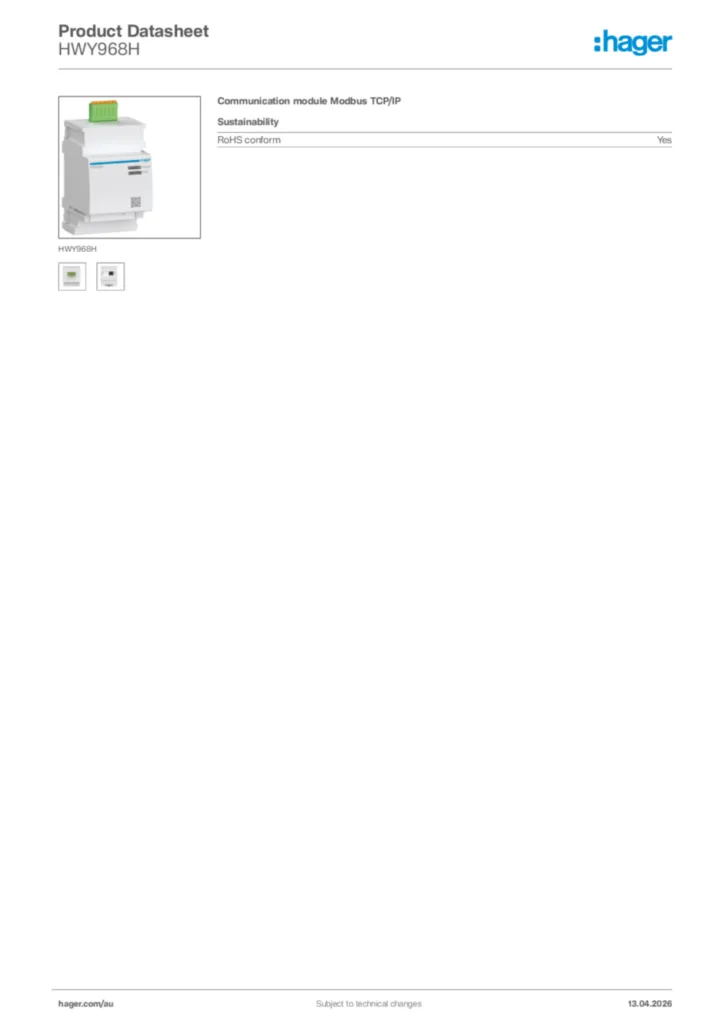 Image Hager Product data sheet HWY968H  | Hager Australia