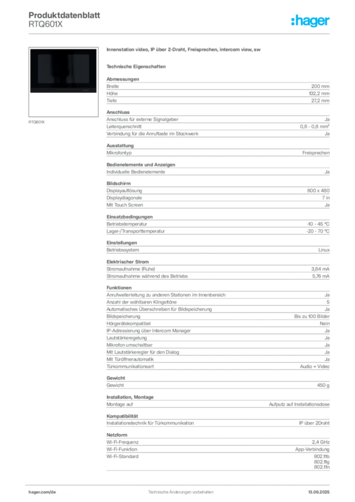 Bild Hager Produktdatenblatt RTQ601X | Hager Deutschland