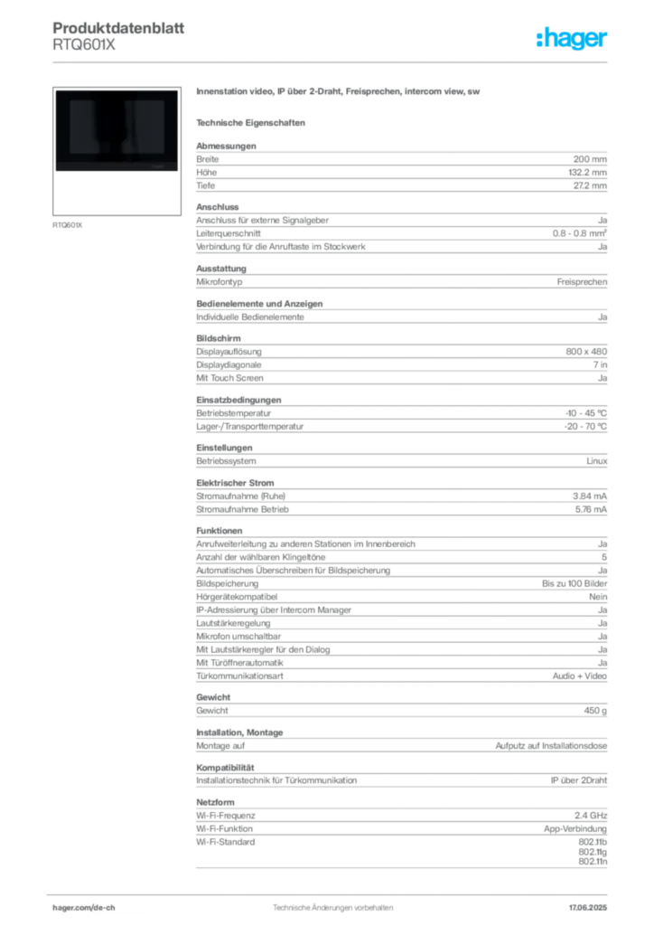 Bild Hager Produktdatenblatt RTQ601X | Hager Schweiz