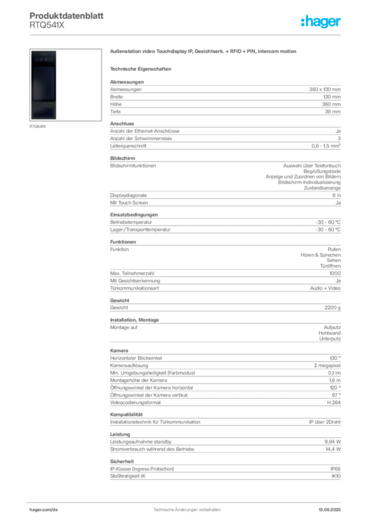 Bild Hager Produktdatenblatt RTQ541X | Hager Deutschland