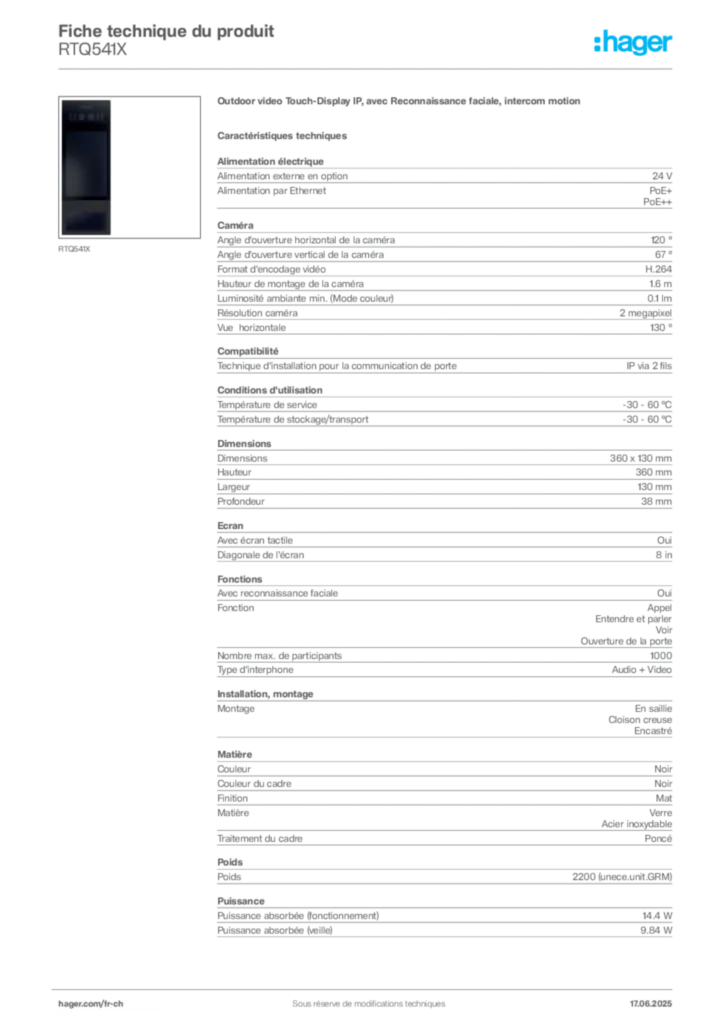Image Hager Fiche technique du produit RTQ541X | Hager Suisse