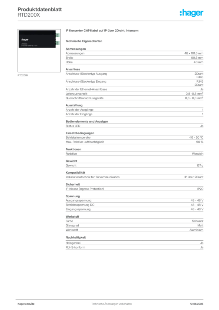Bild Hager Produktdatenblatt RTD200X | Hager Deutschland