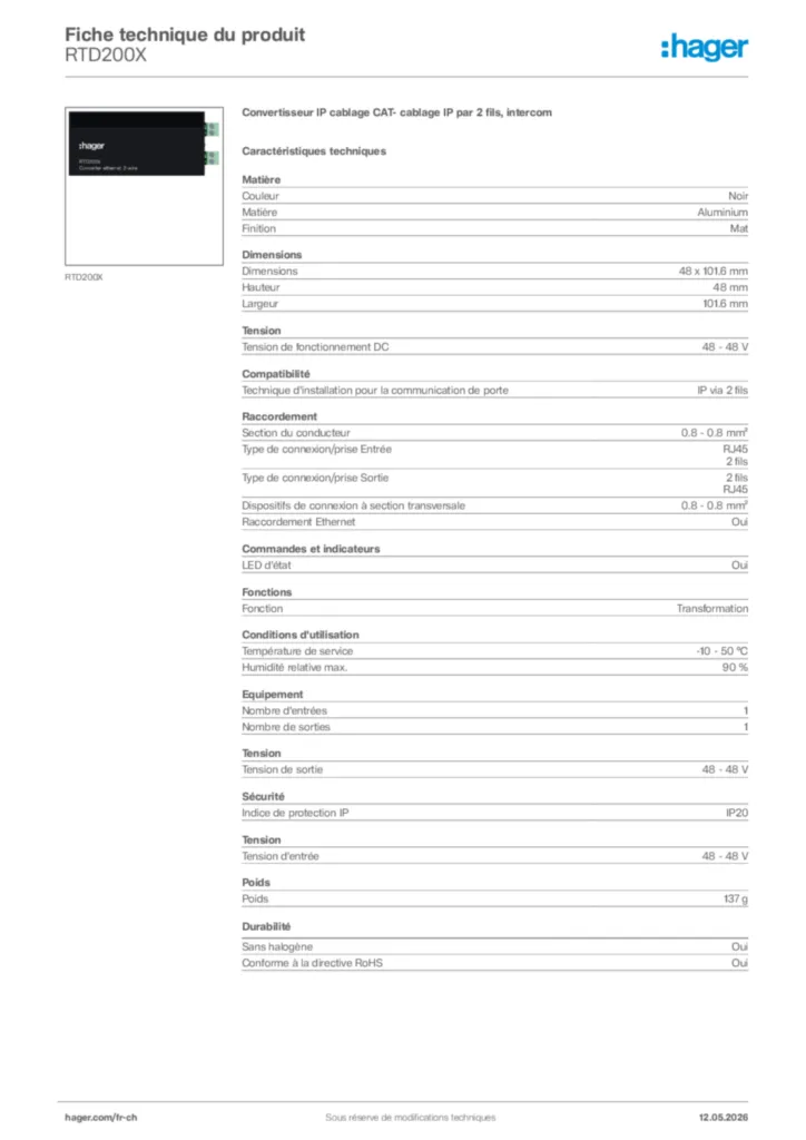 Image Hager Fiche technique du produit RTD200X | Hager Suisse