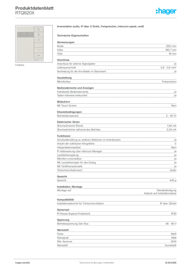 Bild Hager Produktdatenblatt RTQ620X | Hager Deutschland