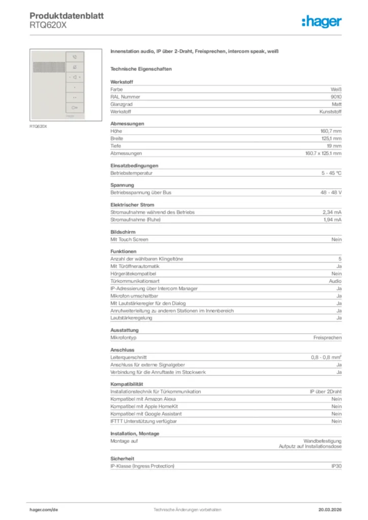 Bild Hager Produktdatenblatt RTQ620X | Hager Deutschland