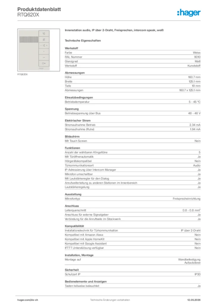 Bild Hager Produktdatenblatt RTQ620X | Hager Schweiz