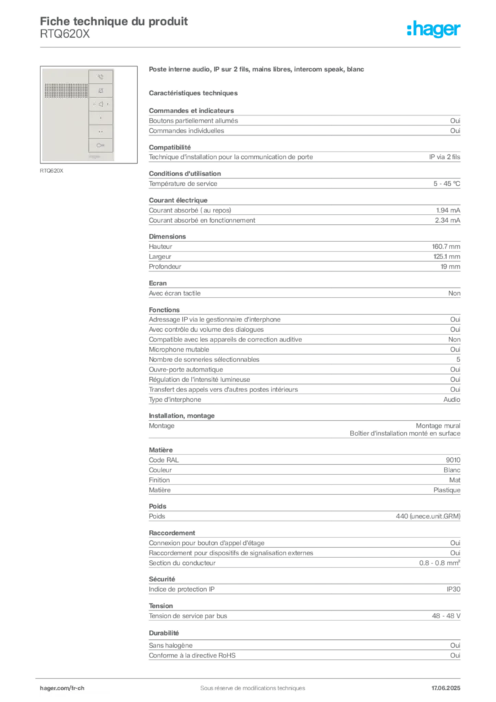 Image Hager Fiche technique du produit RTQ620X | Hager Suisse