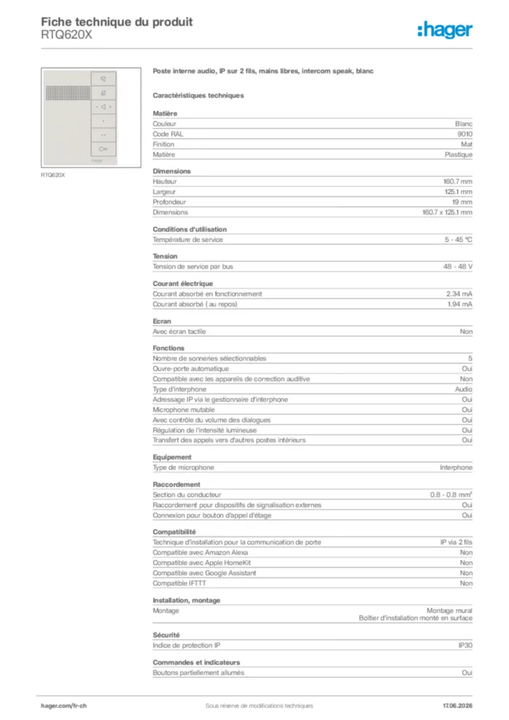 Image Hager Fiche technique du produit RTQ620X | Hager Suisse