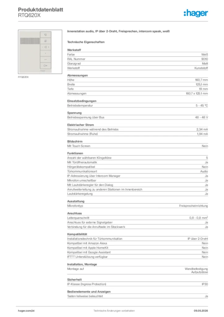 Bild Hager Produktdatenblatt RTQ620X | Hager Deutschland