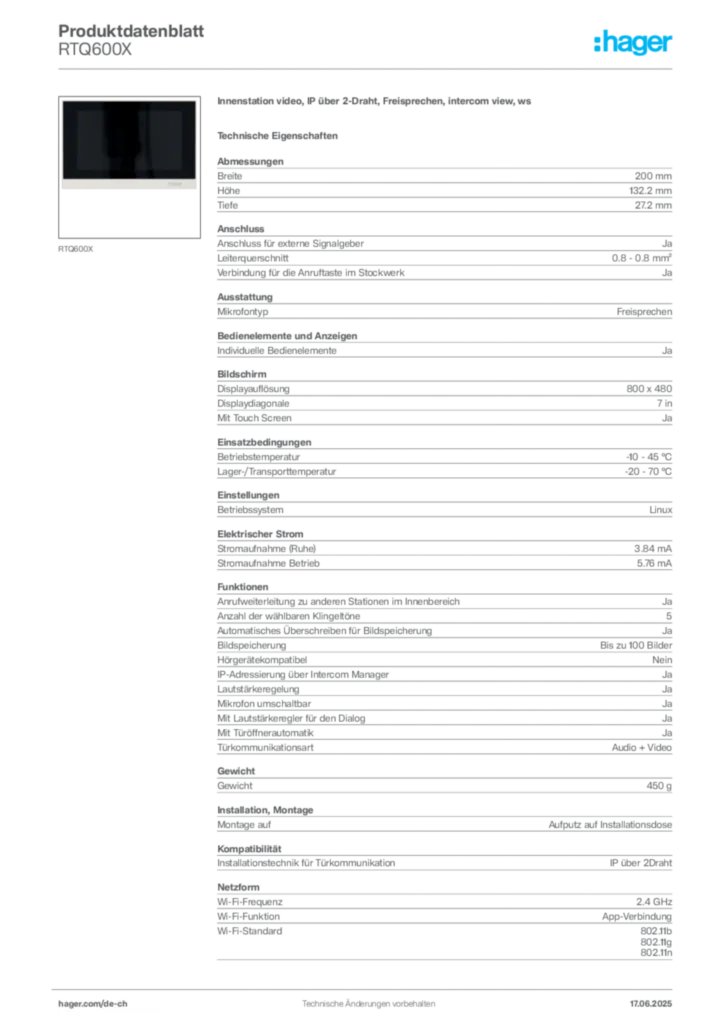 Bild Hager Produktdatenblatt RTQ600X | Hager Schweiz