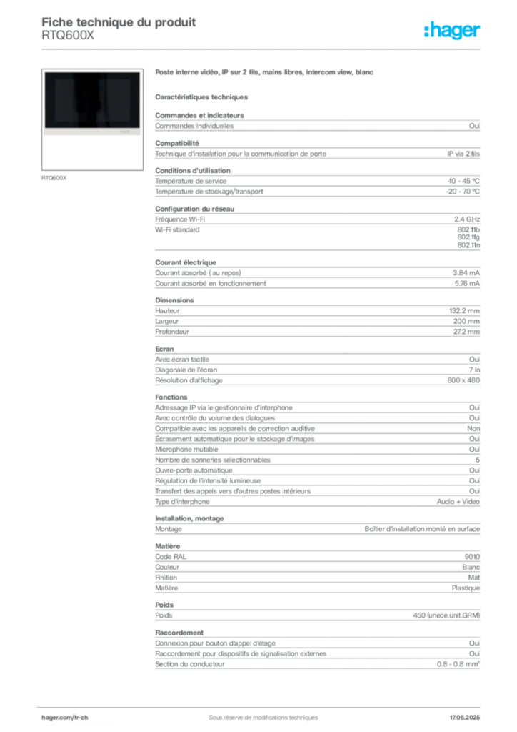 Image Hager Fiche technique du produit RTQ600X | Hager Suisse