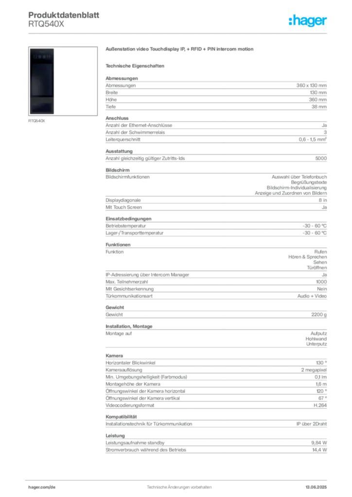 Hager Produktdatenblatt RTQ540X