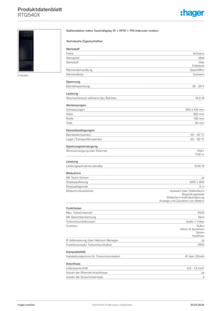 Bild Hager Produktdatenblatt RTQ540X | Hager Deutschland