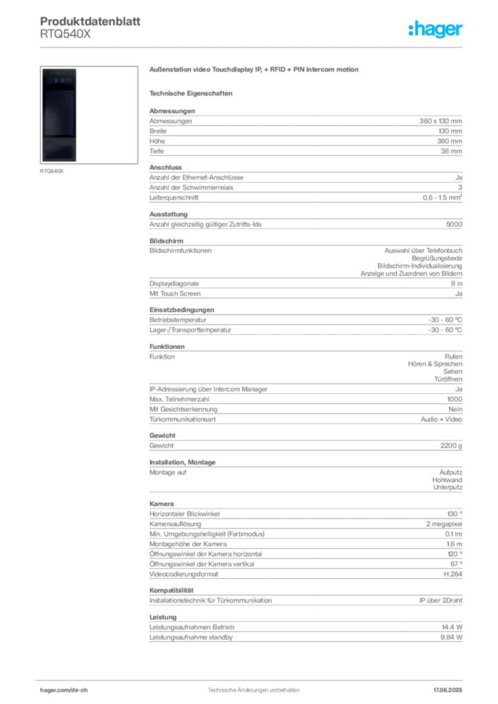 Bild Hager Produktdatenblatt RTQ540X | Hager Schweiz
