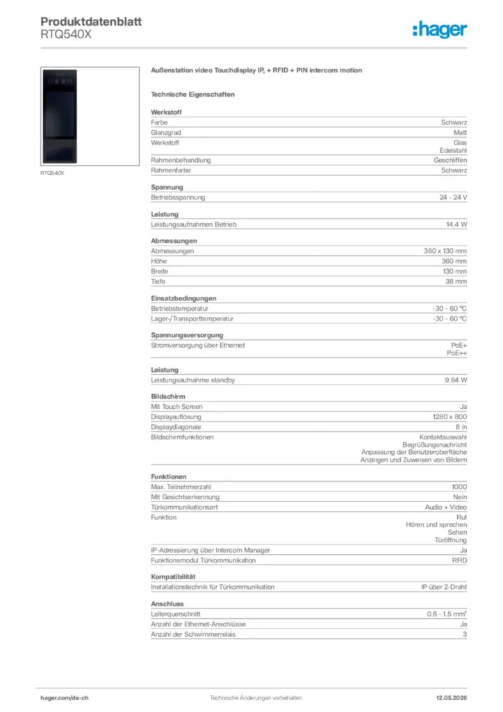 Bild Hager Produktdatenblatt RTQ540X | Hager Schweiz