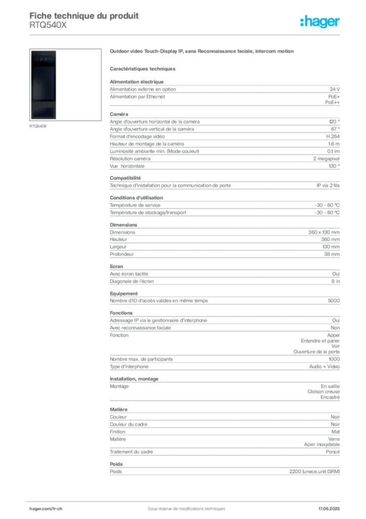 Image Hager Fiche technique du produit RTQ540X | Hager Suisse