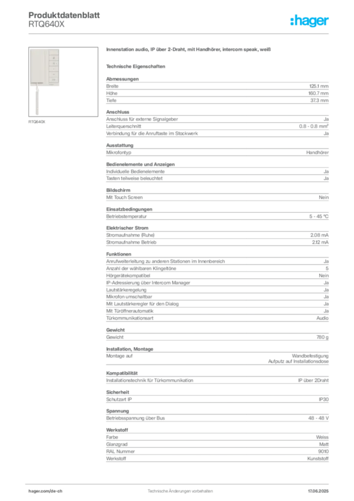 Bild Hager Produktdatenblatt RTQ640X | Hager Schweiz