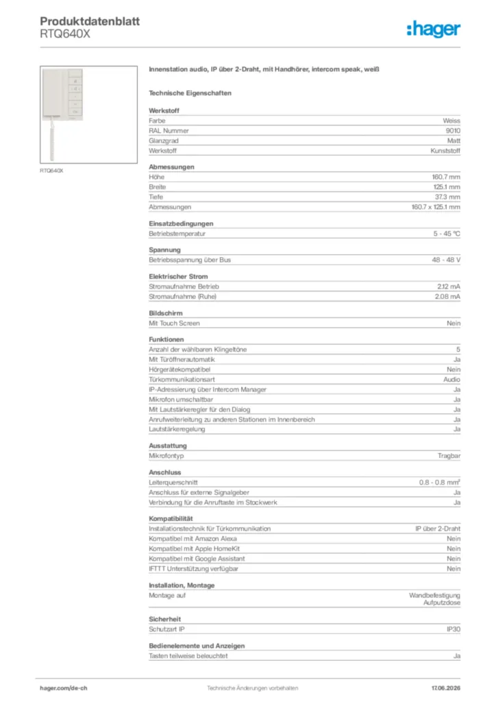 Bild Hager Produktdatenblatt RTQ640X | Hager Schweiz