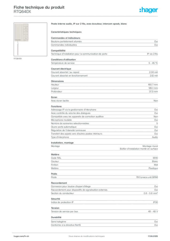 Image Hager Fiche technique du produit RTQ640X | Hager Suisse