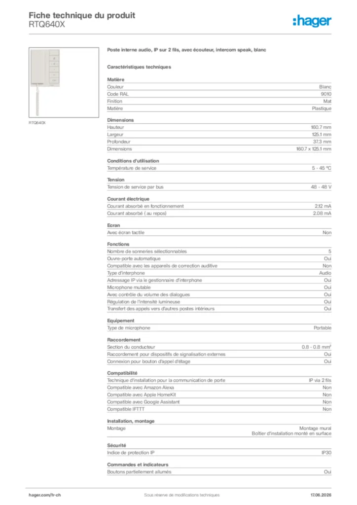Image Hager Fiche technique du produit RTQ640X | Hager Suisse