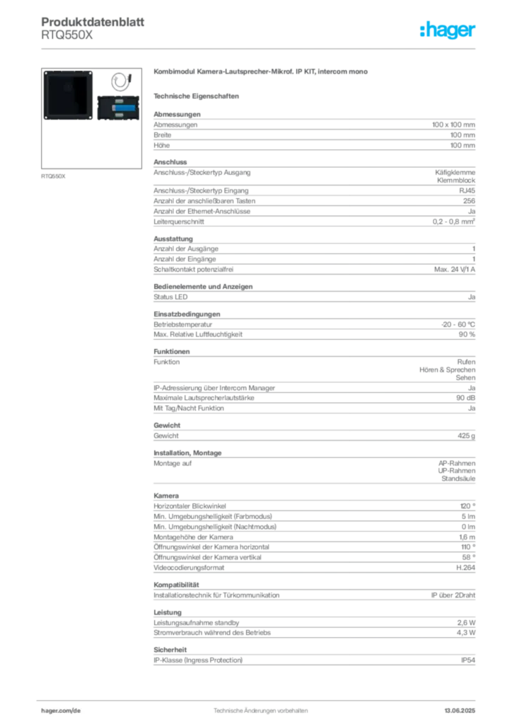 Bild Hager Produktdatenblatt RTQ550X | Hager Deutschland