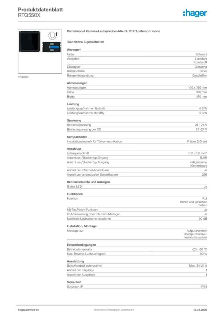 Bild Hager Produktdatenblatt RTQ550X | Hager Schweiz