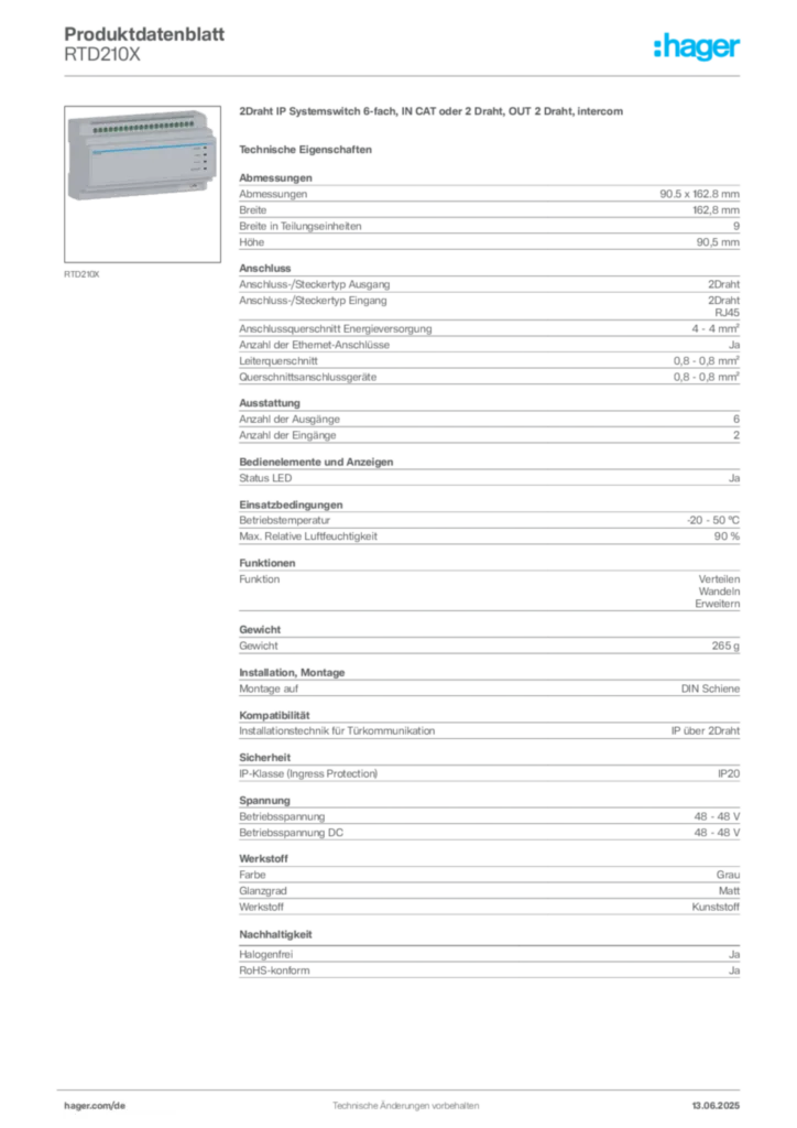 Bild Hager Produktdatenblatt RTD210X | Hager Deutschland