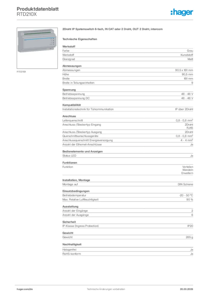 Bild Hager Produktdatenblatt RTD210X | Hager Deutschland