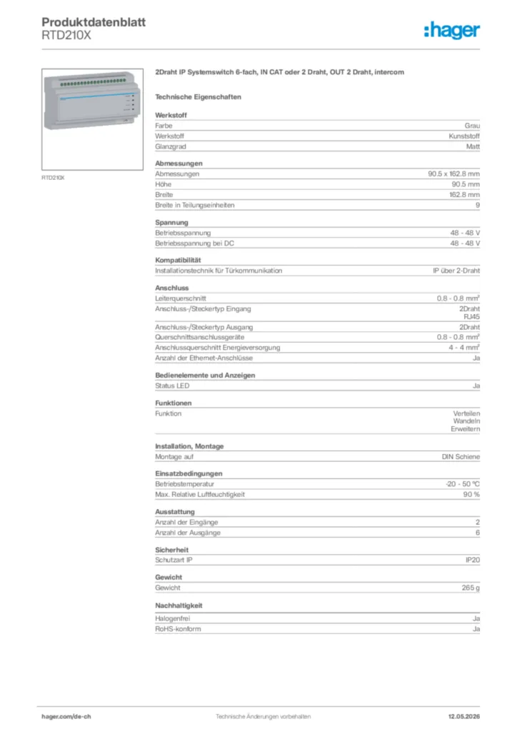 Bild Hager Produktdatenblatt RTD210X | Hager Schweiz