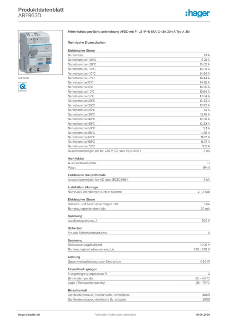 Bild Hager Produktdatenblatt ARF963D | Hager Schweiz