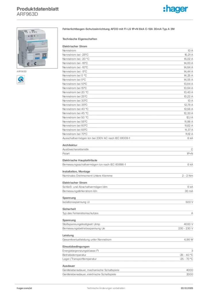 Bild Hager Produktdatenblatt ARF963D | Hager Deutschland