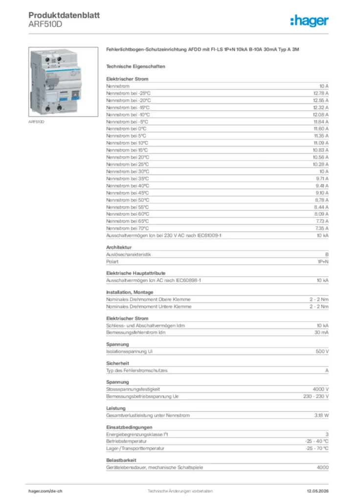 Bild Hager Produktdatenblatt ARF510D | Hager Schweiz