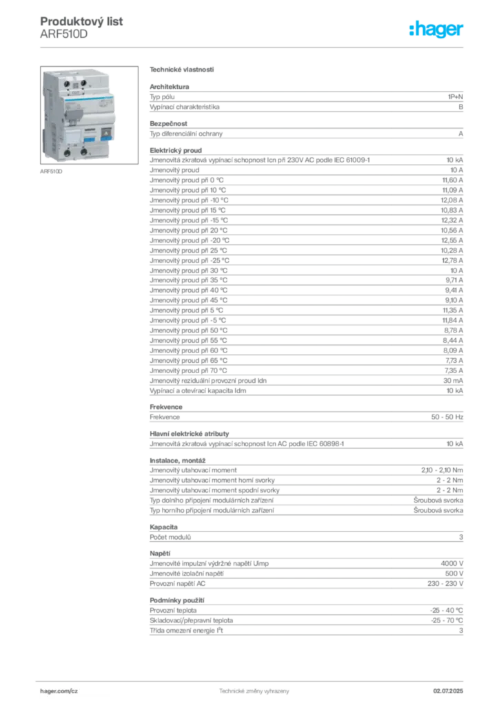 Obrázek Hager Product data sheet ARF510D | Hager