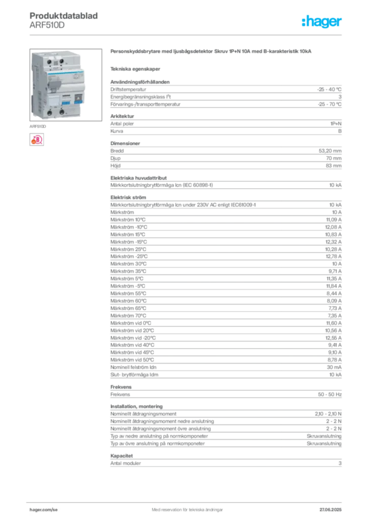 Bild Hager Produktdatablad ARF510D | Hager Sverige