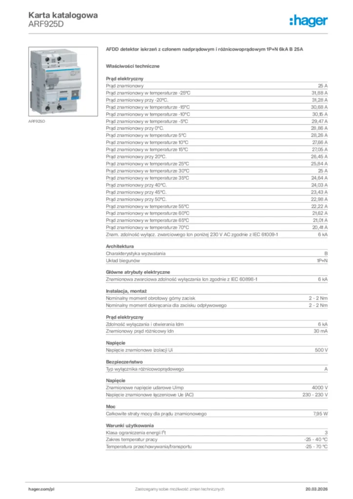 Zdjęcie Hager Karta katalogowa ARF925D | Hager Polska