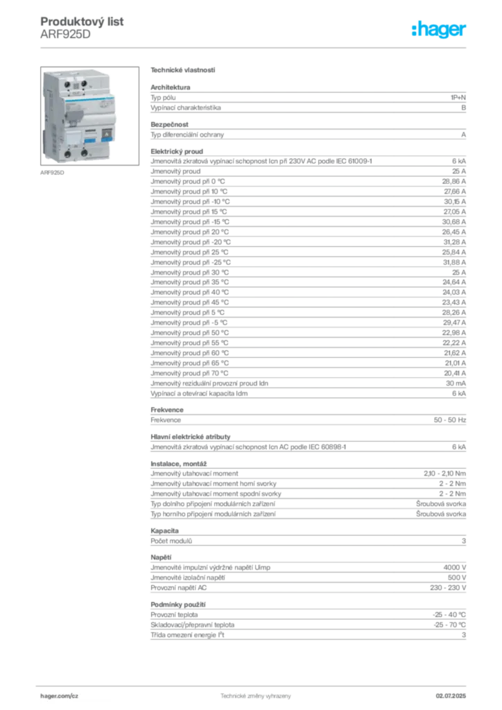 Obrázek Hager Product data sheet ARF925D | Hager
